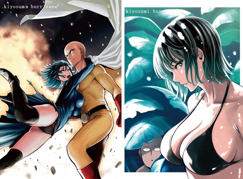 1boy, 1girl, arms_around_neck, artist_name, bald, belt, belt_buckle, bikini, black_bikini, black_footwear, black_hair, black_panties, blue_eyes, bodysuit, boots, breast_press, breasts, buckle, cape, cleavage, collage, constricted_pupils, dress, explosion, fubuki_(one-punch_man), gloves, kiyosumi_hurricane, lace, lace-trimmed_panties, one-punch_man, panties, pantyshot, red_gloves, rescue, saitama_(one-punch_man), superhero, swimsuit, textless, thigh-highs, thigh_boots, torn_clothes, torn_dress, underwear, yellow_bodysuit