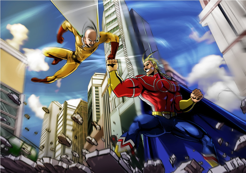 2boys, all_might, bald, battle, boku_no_hero_academia, cape, cityscape, clenched_hands, crossover, day, gloves, graphite_(medium), ground_shatter, hair_slicked_back, male_focus, multiple_boys, muscle, one-punch_man, punching, red_gloves, royzart, saitama_(one-punch_man), superhero, traditional_media