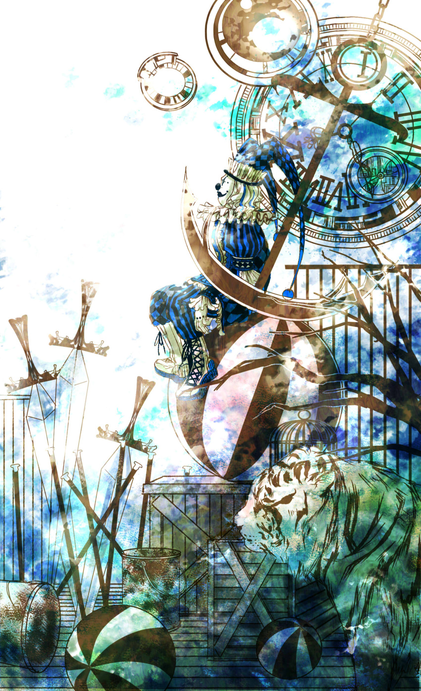 1boy, abstract, absurdres, ball, bars, birdcage, blue, blue_pants