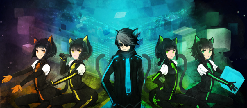 1boy, 4girls, animal_ears, bangs, black_scarf, blue_eyes, blue_neckwear, blunt_bangs