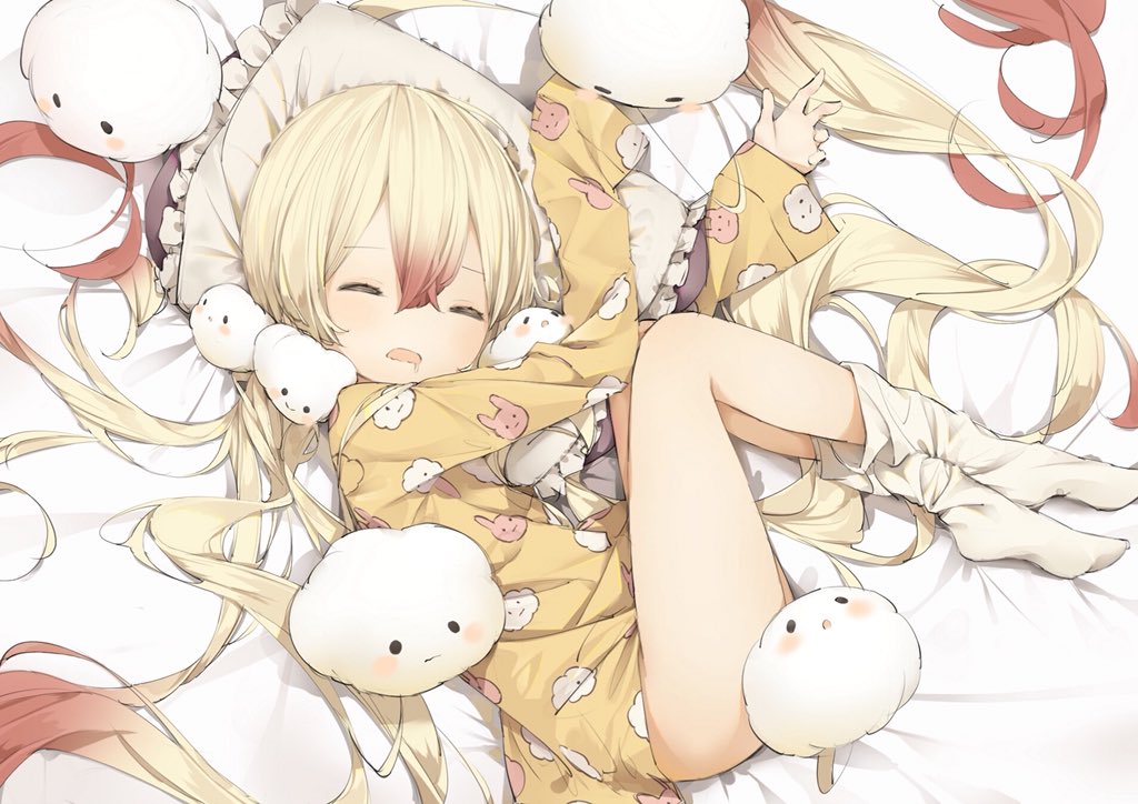 1girl, bangs, bed_sheet, blonde_hair, brown_hair, closed_eyes, commentary_request, drooling