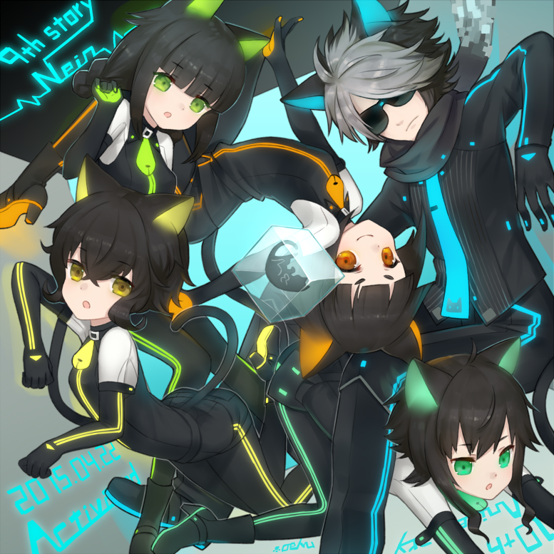 1boy, 4girls, animal_ears, black_cat, black_hair, black_scarf, cat, cat_ears