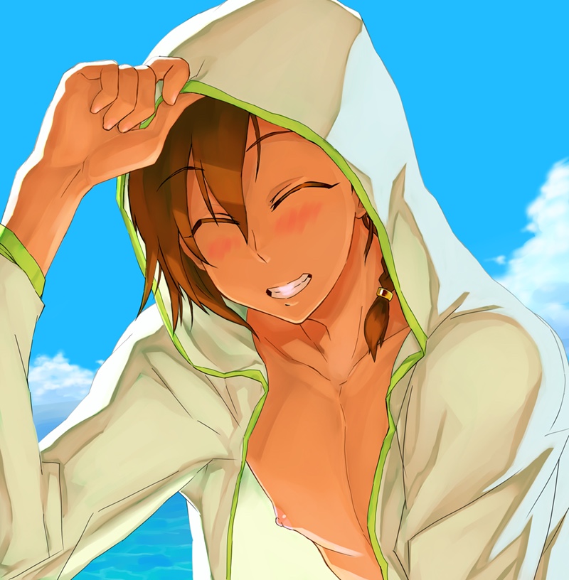 1boy, arthur_(sorcery_king), blush, braid, brown_hair, closed_eyes, hood, jacket, kaku-san-sei_million_arthur, kuroino_(0kuro8ino6), male_focus, million_arthur_(series), nipples, smile, solo