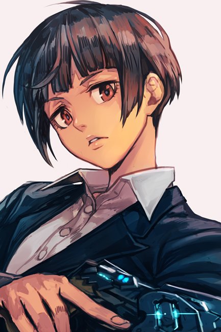 1girl, ahoge, bangs, blue_blazer, buttons, collar, collared_shirt, fingernails, gun, hankuri, lapel, looking_at_viewer, parted_lips, psycho-pass, red_eyes, shirt, solo, tsunemori_akane, weapon, white_background, white_shirt