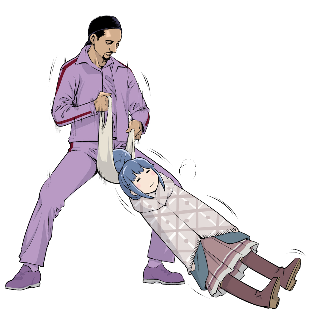 1boy, 1girl, :i, arms_at_sides, black_hair, blush, brown_footwear, closed_eyes