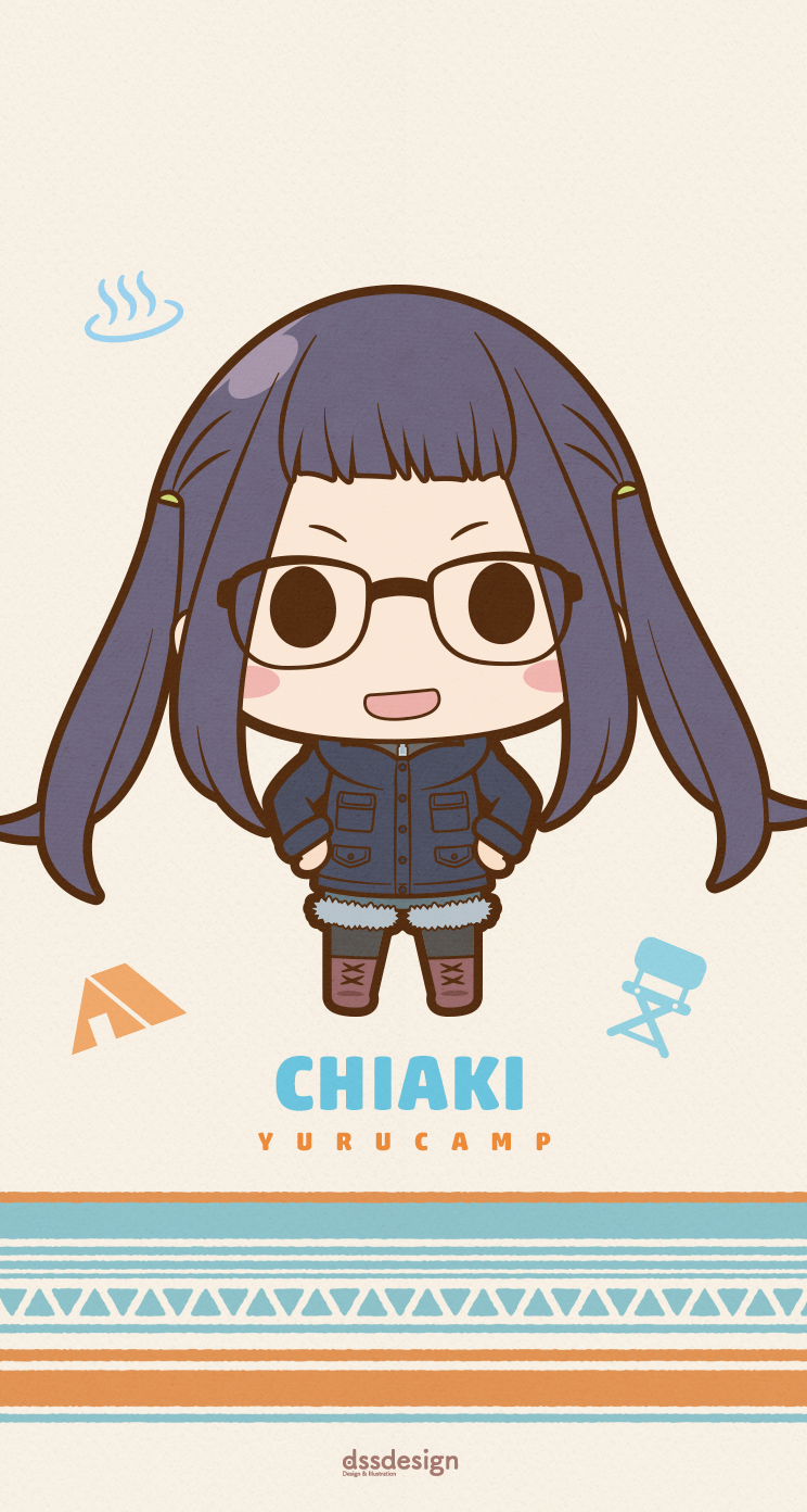1girl, :d, artist_name, bangs, beige_background, black-framed_eyewear, black_eyes, black_legwear, blue_coat, blue_hair, blunt_bangs, blush_stickers, boots, brown_footwear, chair, character_name, chibi, copyright_name, daisensei, english, fur_trim, glasses, green_shorts, hands_on_hips, highres, long_hair, long_sleeves, looking_at_viewer, onsen_symbol, oogaki_chiaki, open_mouth, pantyhose, shorts, smile, solo, standing, tent, twintails, v-shaped_eyebrows, very_long_hair, yurucamp