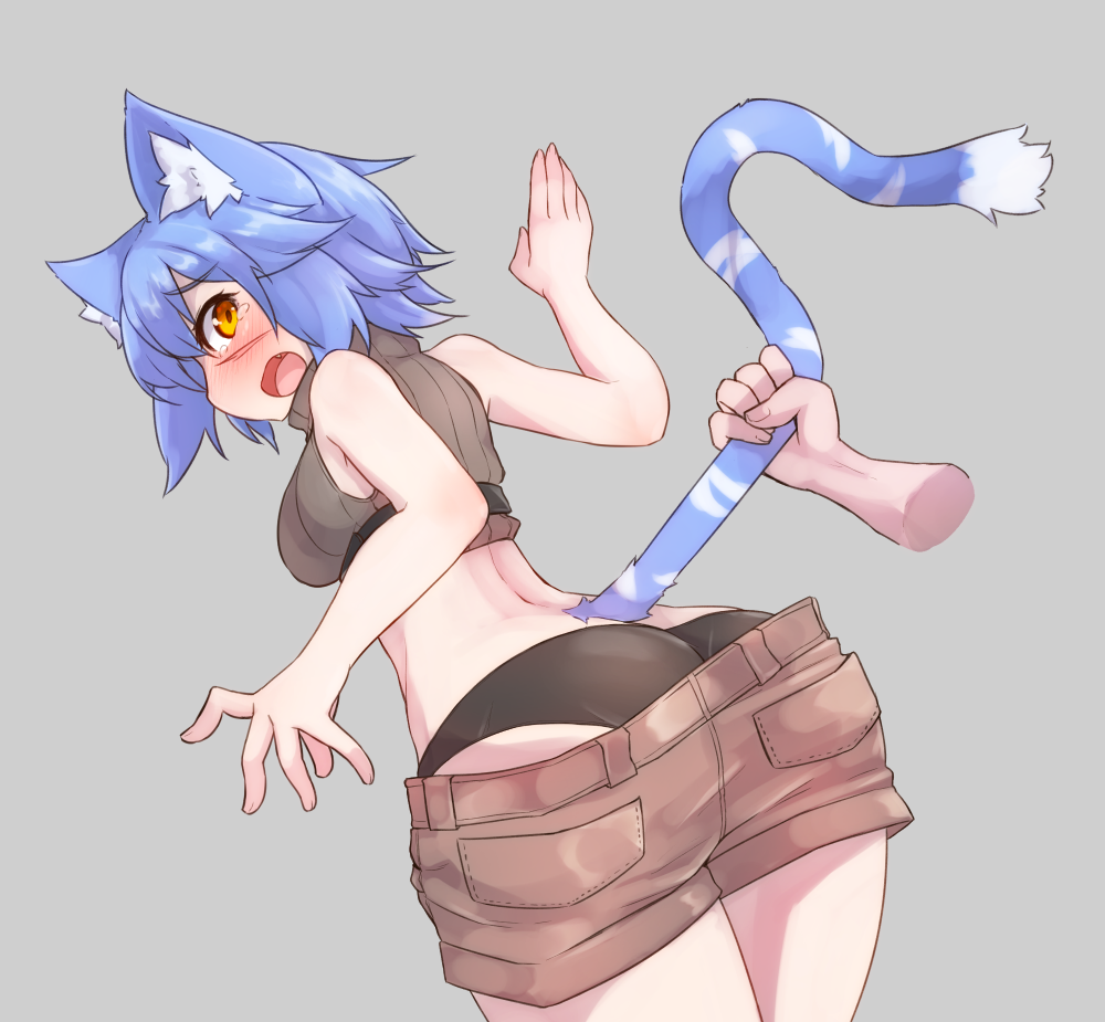 1girl, animal_ears, ass, back, bare_arms, bare_shoulders, belt, black_panties
