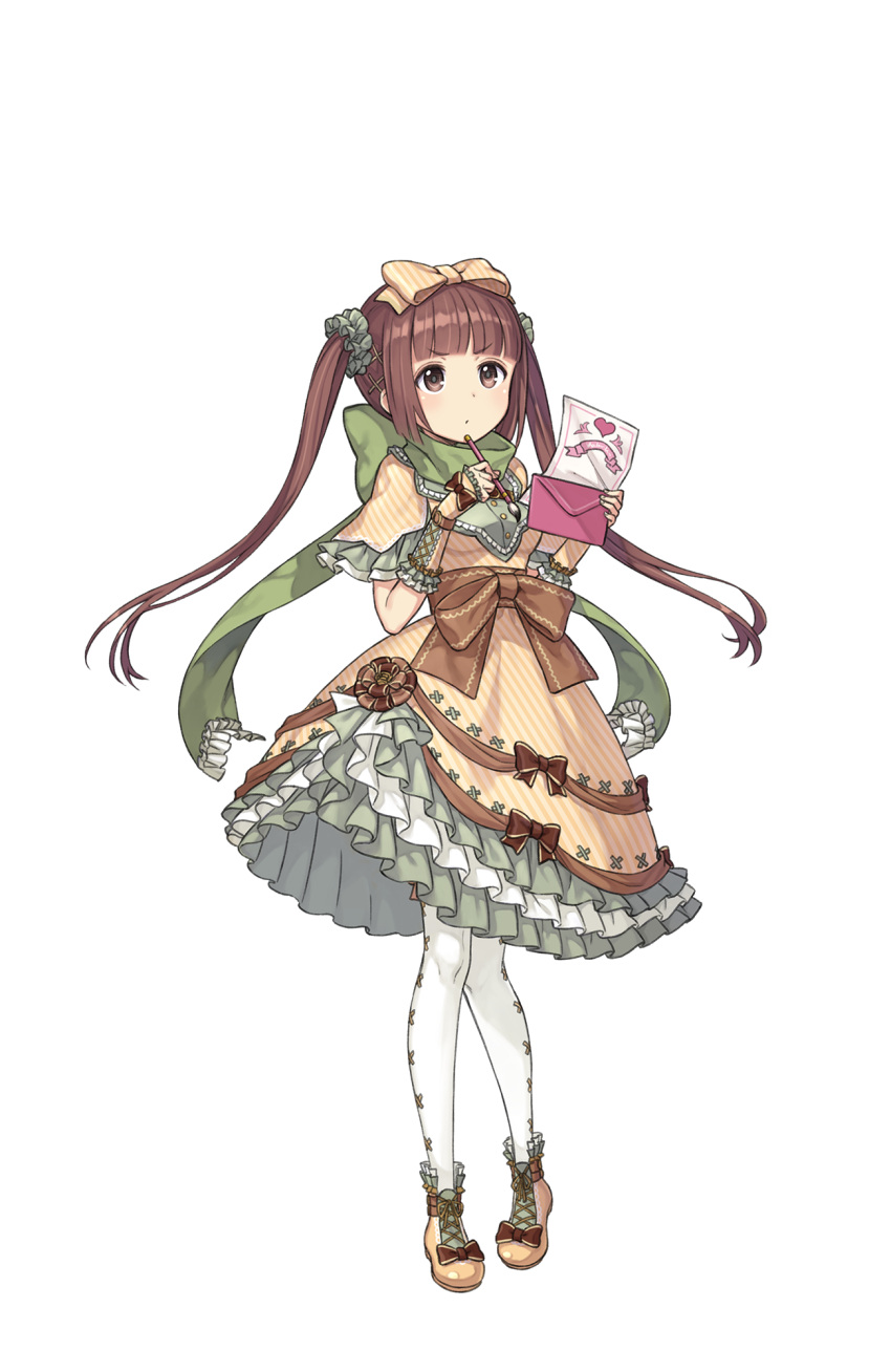 1girl, bow, brown_eyes, brown_hair, dress, envelope, full_body, green_scarf, hair_bow, heart, highres, kisaragi_(princess_principal), letter, long_hair, looking_at_viewer, official_art, paintbrush, pantyhose, pensive, princess_principal, princess_principal_game_of_mission, scarf, solo, standing, transparent_background, twintails, white_legwear, yellow_dress, yellow_footwear