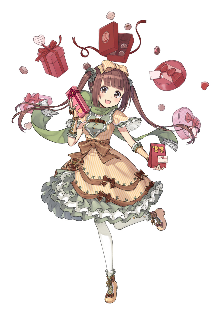 1girl, :d, blush, bow, box_of_chocolates, brown_eyes, brown_hair, chocolate