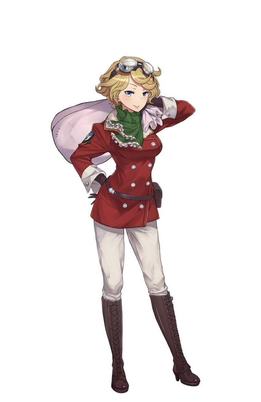 1girl, black_gloves, blonde_hair, blue_eyes, boots, breasts, brown_footwear, cross-laced_footwear