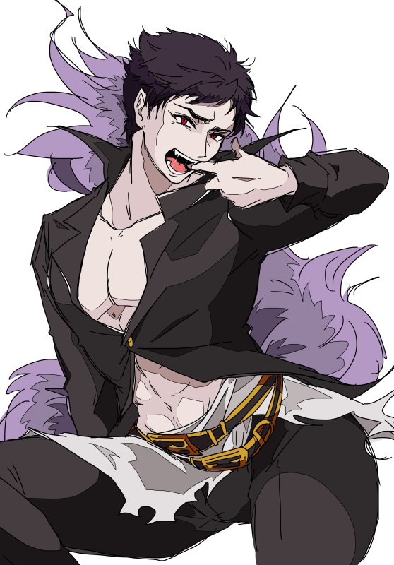 1boy, belial_(granblue_fantasy), black_belt, black_hair, black_pants, black_shirt, contrapposto, fangs