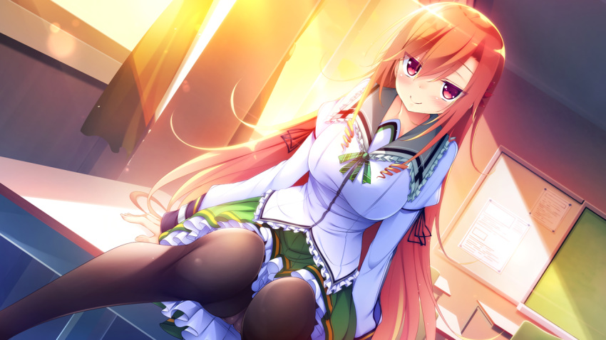 1girl, bangs, black_legwear, blush, bow, breasts, closed_mouth, day