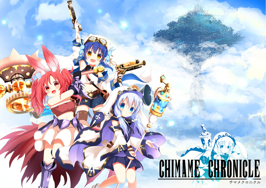 3girls, :d, ang, animal_ears, animal_hood, antique_firearm, arm_up, armor