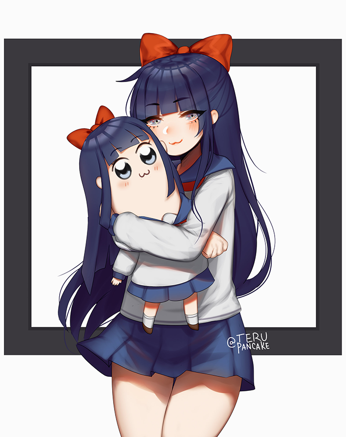 2girls, :3, bangs, blue_hair, blue_skirt, blunt_bangs, blush, bow