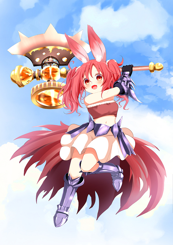 1girl, :d, animal_ears, armor, armored_boots, axe, battle_axe, black_gloves