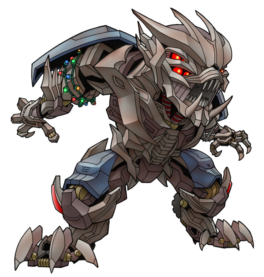 1boy, beni_(nikaidera), claws, decepticon, dreadbot, full_body, glowing, glowing_eyes, highres, looking_at_another, no_humans, open_mouth, red_eyes, sharp_teeth, simple_background, solo, teeth, transformers, white_background