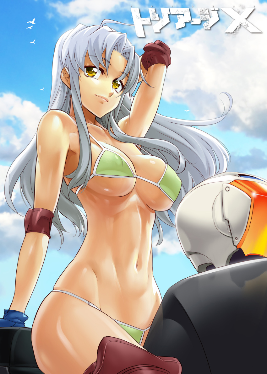 1girl, ahoge, armpits, bent_elbow, bikini, bird, breasts, clouds
