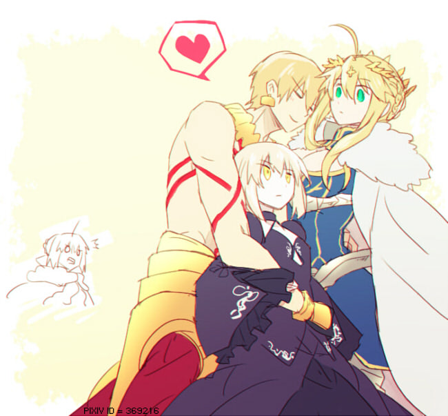 /\/\/\, 1boy, 3girls, ankai_(rappelzankai), artoria_pendragon_(all), artoria_pendragon_(lancer), blonde_hair, braid