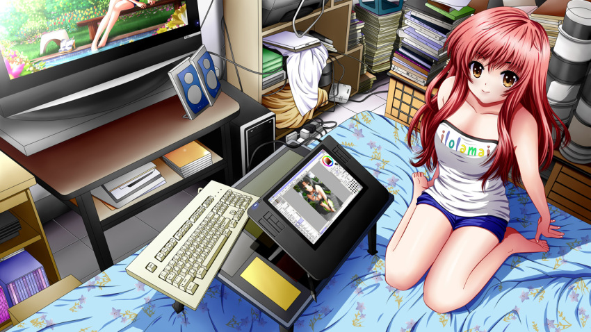 1girl, artist_name, bangs, bare_shoulders, bed, bed_sheet, bent_knees, blue_shorts