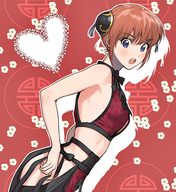 1girl, armpits, bare_arms, bare_shoulders, blue_eyes, blush, bun_cover, commentary_request