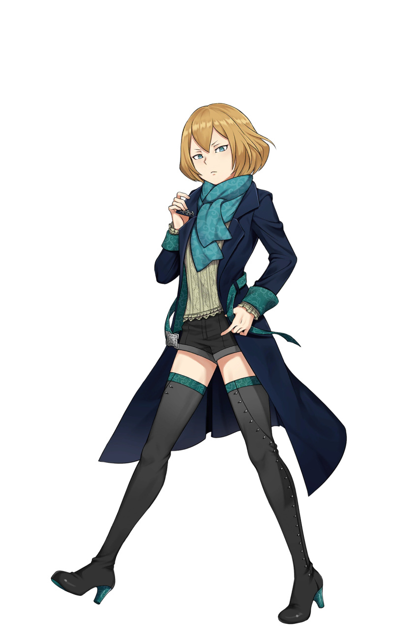 1girl, aqua_scarf, belt, black_footwear, black_legwear, black_shorts, blue_eyes, boots