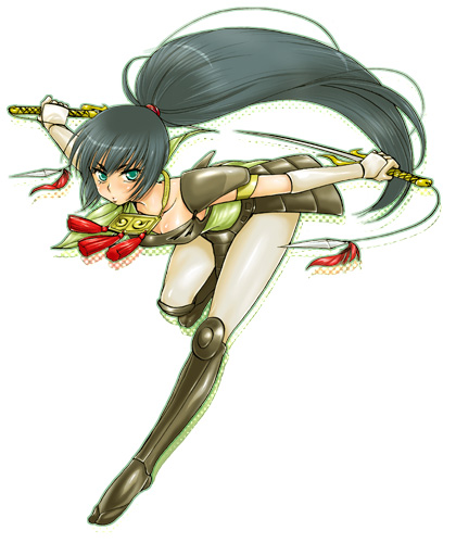 armor, bad_id, black_hair, boots, green_eyes, kayura, long_hair, lowres, ninja, pantyhose, ponytail, ronin_warriors, sword, weapon, yoroiden_samurai_troopers