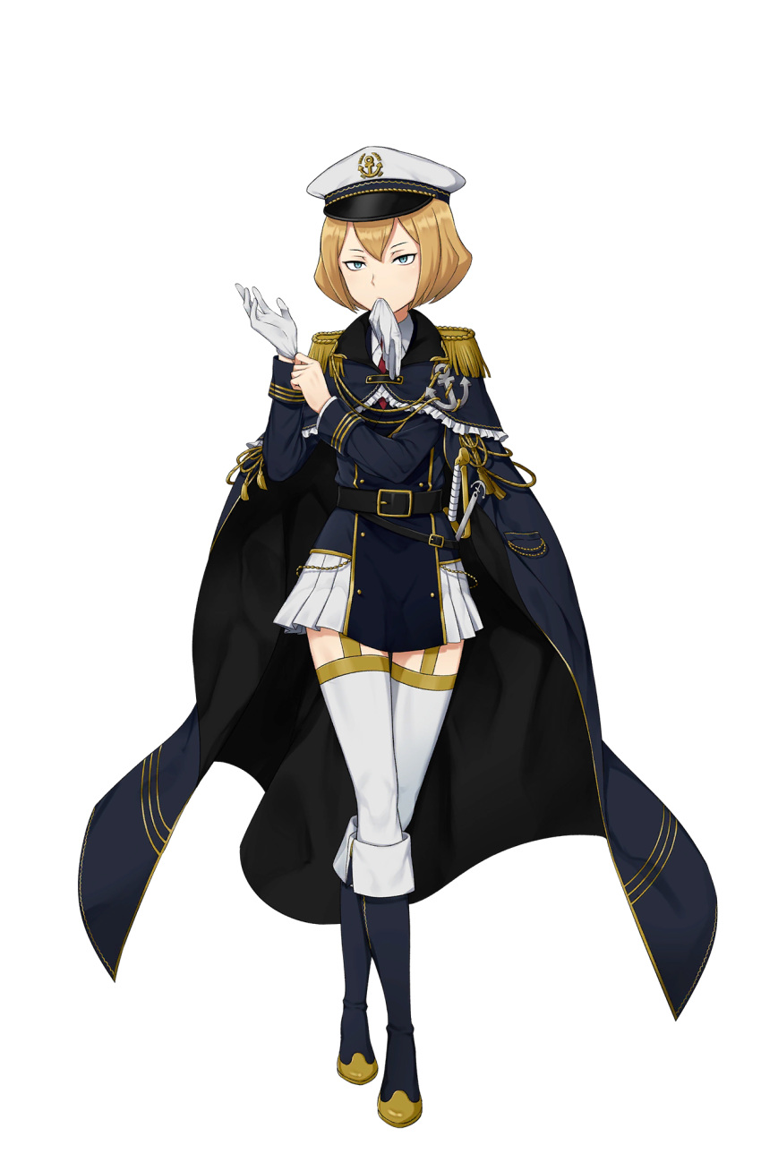 1girl, anchor, belt, black_footwear, blue_eyes, boots, cape, epaulettes, full_body, gloves, hair_between_eyes, hat, highres, knee_boots, looking_at_viewer, mouth_hold, official_art, princess_principal, princess_principal_game_of_mission, sheath, sheathed, short_hair, skirt, solo, standing, sword, transparent_background, uniform, weapon, white_gloves, white_hat, white_legwear, white_skirt, zelda_(princess_principal)