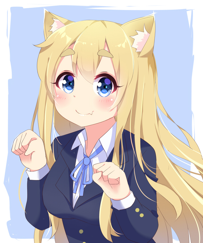 1girl, :3, agung_syaeful_anwar, animal_ears, bangs, blonde_hair, blue_background, blue_eyes