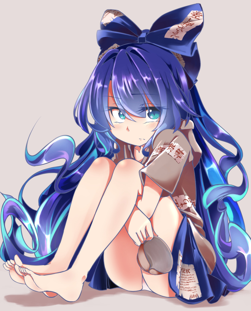 1girl, bare_legs, barefoot, bent_knees, blue_bow, blue_eyes, blue_hair, blue_skirt