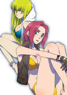 ame_maru, anklet, bad_id, barefoot, bikini, bikini_top, blue_eyes, bracelet, breasts, c.c., cc, cleavage, code_geass, gloves, green_hair, hoodie, jewelry, kallen_stadtfeld, lowres, multiple_girls, pink_hair, short_hair, sitting, swimsuit, vest, yellow_eyes