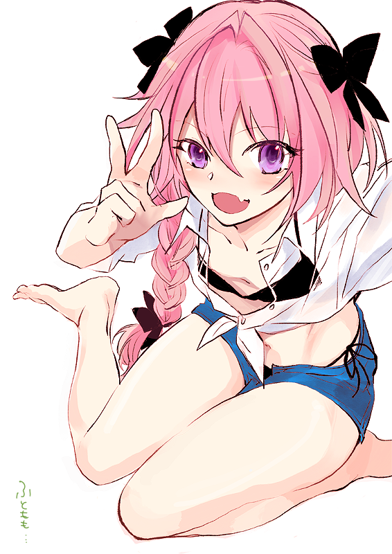 1boy, :3, :d, arms_up, astolfo_(fate), bangs, bare_legs, barefoot