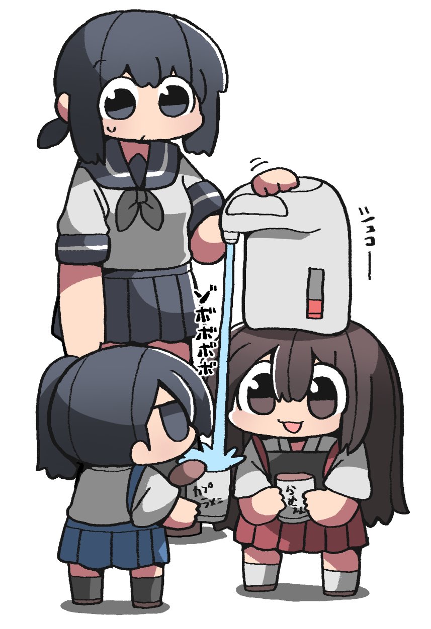 3girls, akagi_(kantai_collection), black_hair, blue_hakama, brown_hair, chibi, food, fubuki_(kantai_collection)