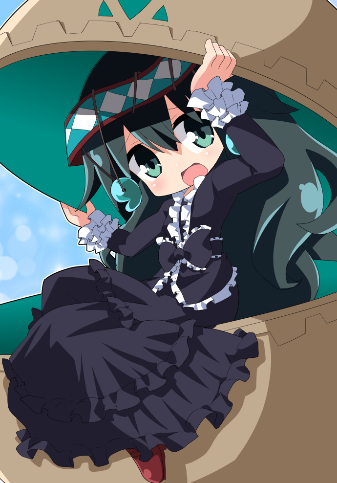 1girl, :d, arms_up, bangs, black_bow, black_dress, blush, bow
