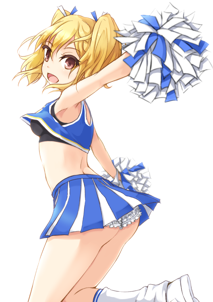 1girl, :d, armpits, ass, back, bangs, bare_shoulders, blue_skirt