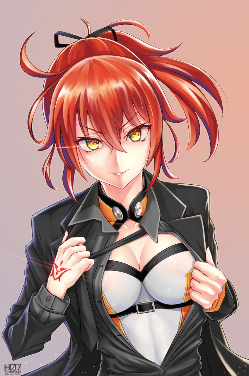 1girl, artist_name, bangs, black_jacket, black_neckwear, black_ribbon, black_shirt, breasts