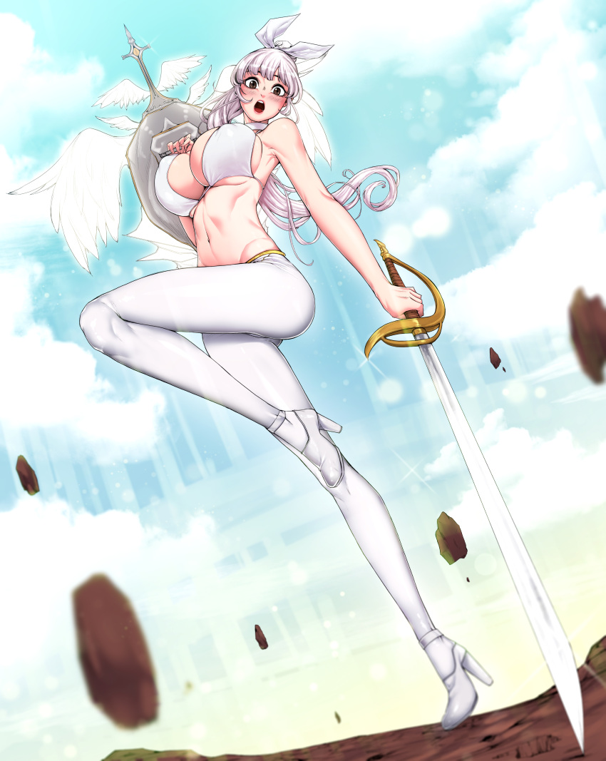 1girl, :o, absurdres, akchu, bangs, bare_shoulders, bikini_top, blue_sky