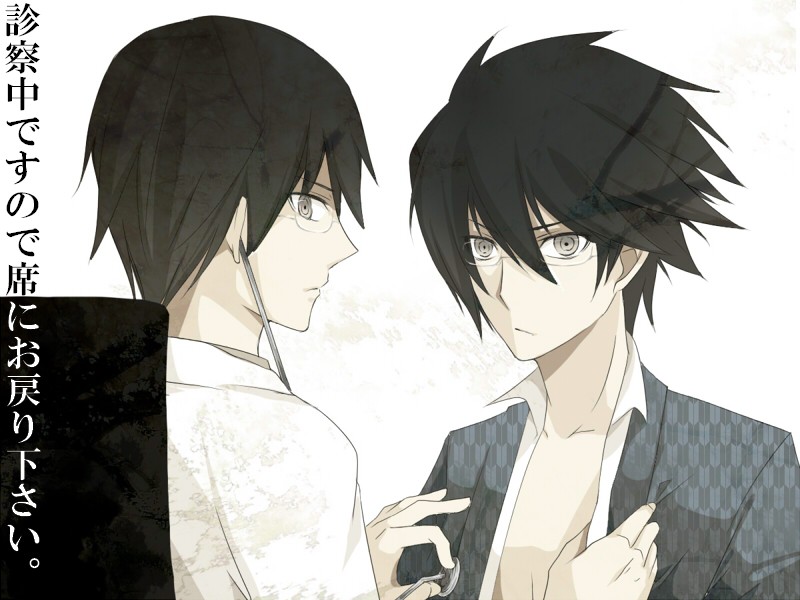 black_hair, brothers, doctor, glasses, grey_eyes, itoshiki_mikoto, itoshiki_nozomu, male, open_clothes, open_shirt, pon_tarou, sayonara_zetsubou_sensei, shirt, siblings, spiked_hair, spiky_hair