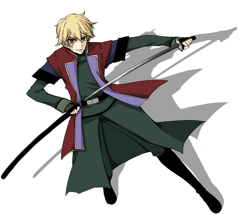 belt, blonde_hair, boots, bushido_bob, graham_aker, green_eyes, gundam, gundam_00, katana, male, military, military_uniform, mister_bushido, pon_tarou, short_hair, sword, uniform, weapon