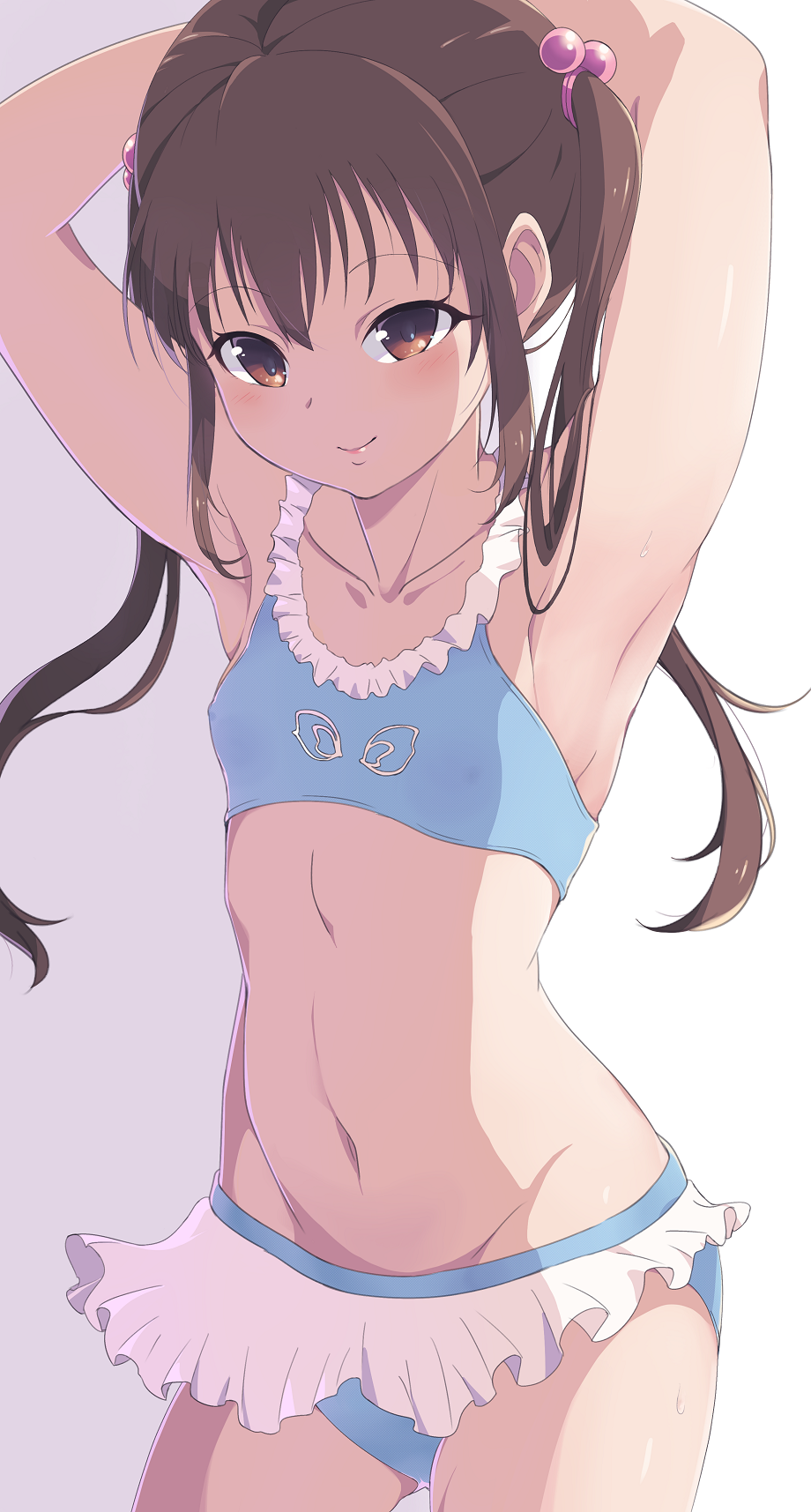 1girl, armpits, arms_behind_head, bikini, blue_bikini, blush, brown_hair, closed_mouth