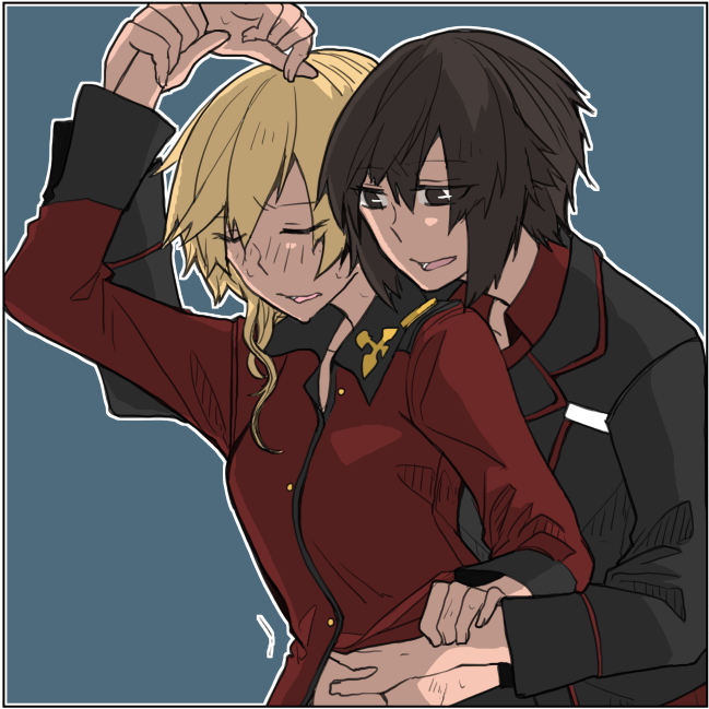 2girls, arm_grab, asuka_(junerabitts), bangs, black_border, black_jacket, blonde_hair, blue_background, blush, border, braid, brown_eyes, brown_hair, darjeeling, dress_shirt, epaulettes, eyebrows_visible_through_hair, girls_und_panzer, hand_on_another's_stomach, hug, hug_from_behind, jacket, kuromorimine_military_uniform, lifted_by_another, long_sleeves, looking_at_another, military, military_uniform, multiple_girls, navel, parted_lips, red_jacket, red_shirt, shirt, shirt_lift, short_hair, simple_background, st._gloriana's_military_uniform, standing, sweat, tied_hair, twin_braids, uniform, upper_body, wing_collar, yuri