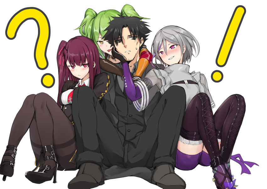 1boy, 3girls, black_eyes, black_hair, blue_eyes, blush, crossover, emiya_kiritsugu