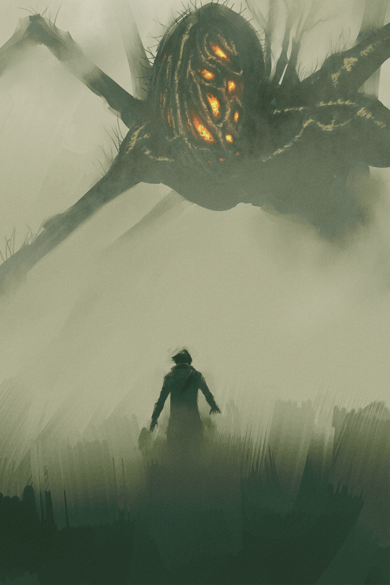 ambiguous_gender, amygdala, bloodborne, coat, fog, glowing, hat, highres, hunter_(bloodborne), looking_at_another, monster, multiple_arms, size_difference, skiba, standing