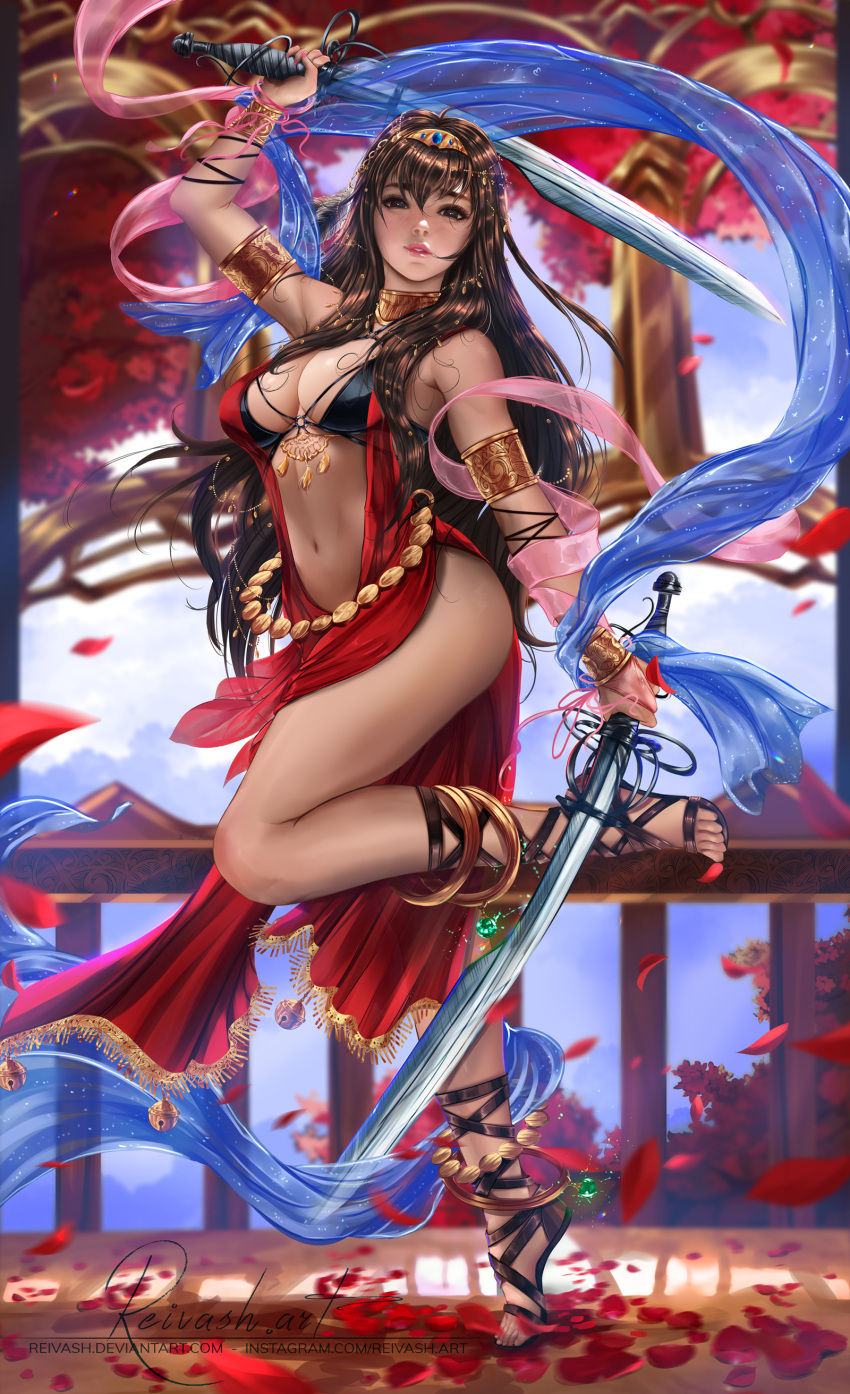 1girl, absurdres, arm_up, armlet, bangs, bare_shoulders, bell, bracelet