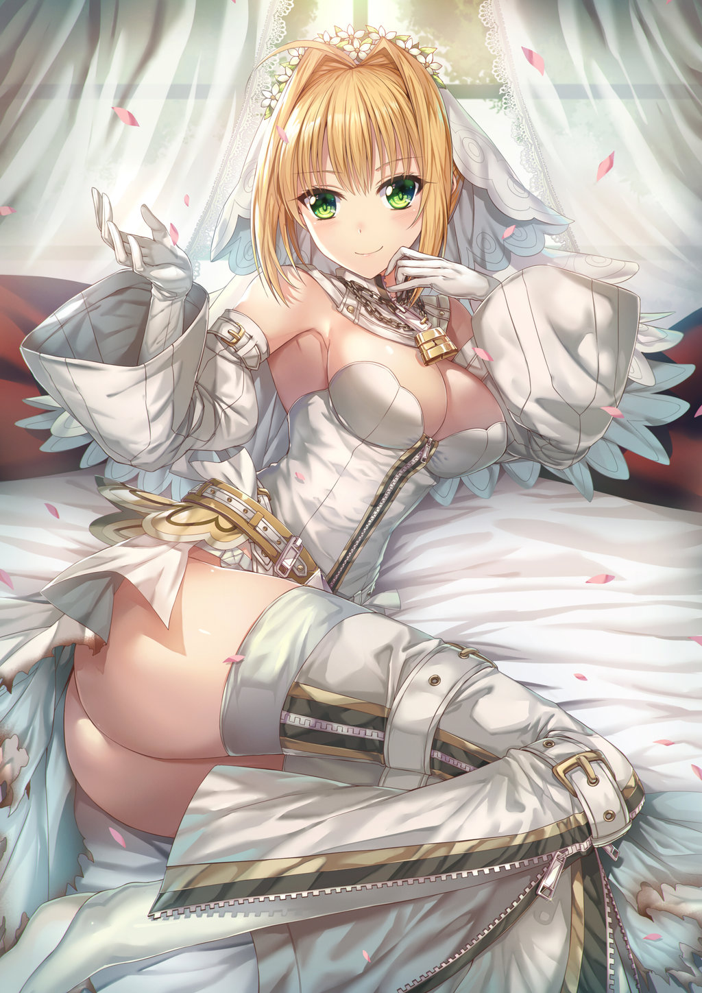 1girl, ass, bangs, belt, blonde_hair, blush, breasts, chains