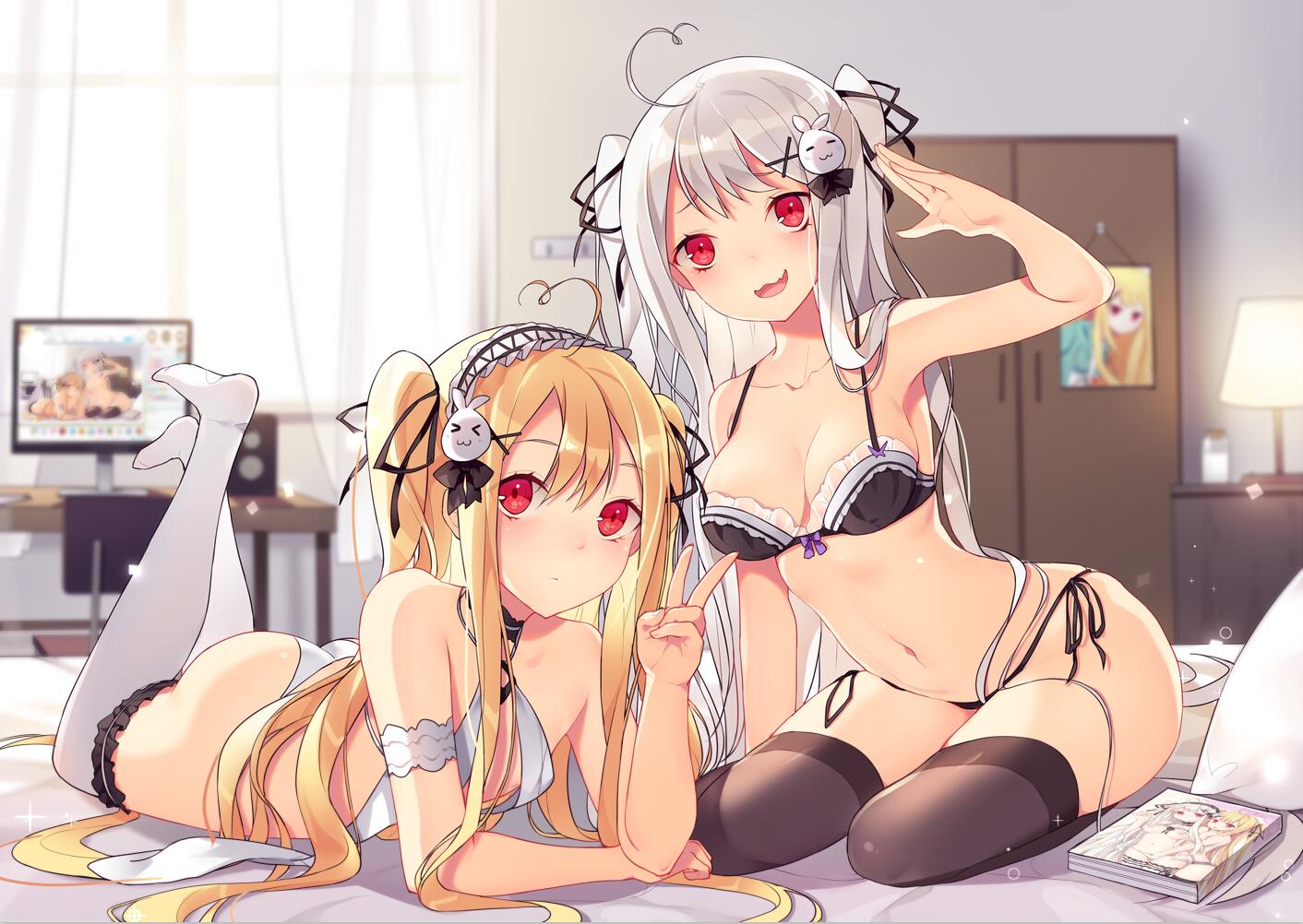 2girls, :3, ahoge, arm_garter, ass, bangs, black_bra, black_legwear