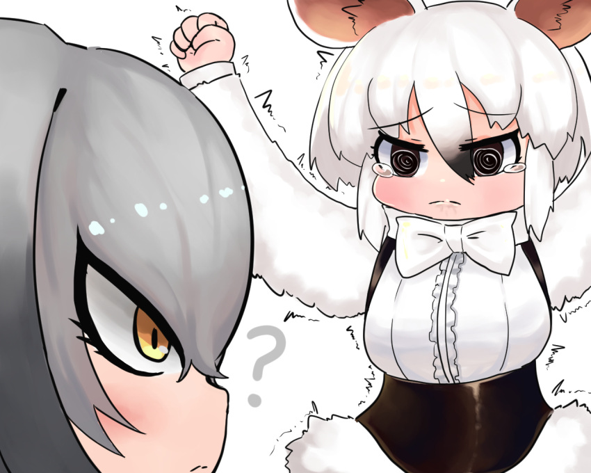 2girls, ?, @_@, animal_ears, arms_up, bangs, black_eyes, black_hair