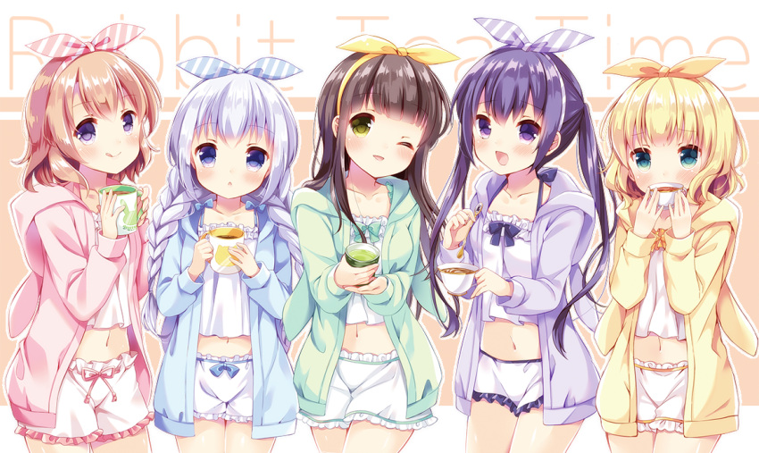 5girls, :q, ;d, animal_hood, bangs, blonde_hair, bloomers, blue_eyes, blue_hair, blunt_bangs, bow, braid, brown_hair, bunny_hood, camisole, chestnut_mouth, collarbone, covering_mouth, cowboy_shot, cup, embarrassed, english, eyebrows_visible_through_hair, frills, gochuumon_wa_usagi_desu_ka?, green_bow, green_eyes, hair_ribbon, holding, holding_mug, holding_spoon, hood, hot_chocolate, hoto_cocoa, irori, kafuu_chino, kirima_sharo, light_brown_hair, long_hair, long_sleeves, looking_at_viewer, multiple_girls, navel, one_eye_closed, open_hodie, open_mouth, pink_ribbon, purple_hair, ribbon, short_hair, smile, standing, striped, striped_ribbon, tareme, tea, teacup, tedeza_rize, tongue, tongue_out, twin_braids, twintails, two-handed, ujimatsu_chiya, underwear, violet_eyes, yellow_ribbon