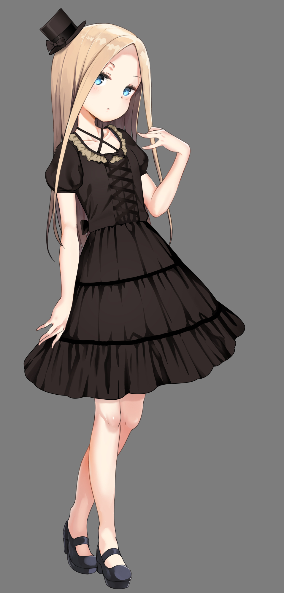 1girl, :o, abigail_williams_(fate/grand_order), alternate_costume, arm_at_side, bell_(oppore_coppore), black_bow, black_dress, black_footwear, black_hat, blonde_hair, blue_eyes, bow, collarbone, criss-cross_halter, dress, fate/grand_order, fate_(series), forehead, grey_background, halterneck, hat, hat_bow, highres, long_hair, no_socks, open_mouth, puffy_short_sleeves, puffy_sleeves, shoes, short_sleeves, simple_background, solo, straight_hair, top_hat, very_long_hair