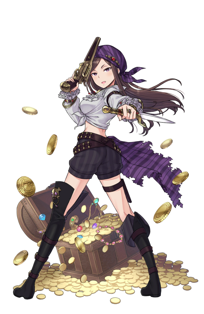 1girl, :d, arm_belt, bandanna, belt, belt_boots, black_footwear, boots
