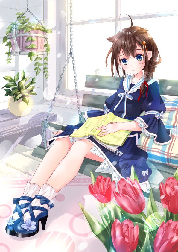 1girl, ahoge, arm_ribbon, bangs, bench, blue_dress, blue_eyes, blue_footwear